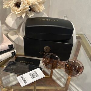 Versace Translucent Blush Round Sunglasses with Gold Accents